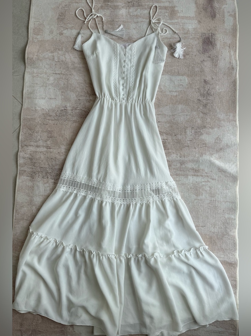 Doce MARIA Spaghetti Strap Button-Down Boho Dress With Lace Inserts + Tassels